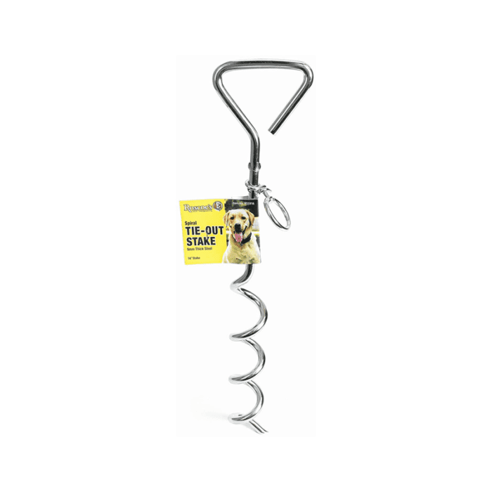 Strong dual swivel link allows for 360 degrees of roaming area without fear of tangling. Made of solid steel for strength. Rust and wear resistant. Easy to install and simple to use. Simply choose the best location for your stake, screw straight into the ground until you reach 1-2 inches below the steel ring, and attach your cable to the steel ring at the top (cable not included).